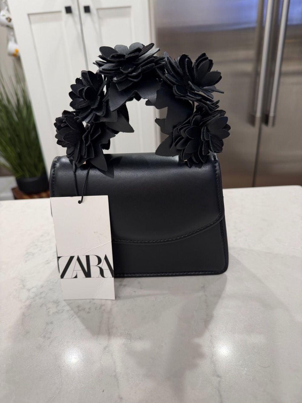 ZARA Black Mini Bag with Floral Top Handle